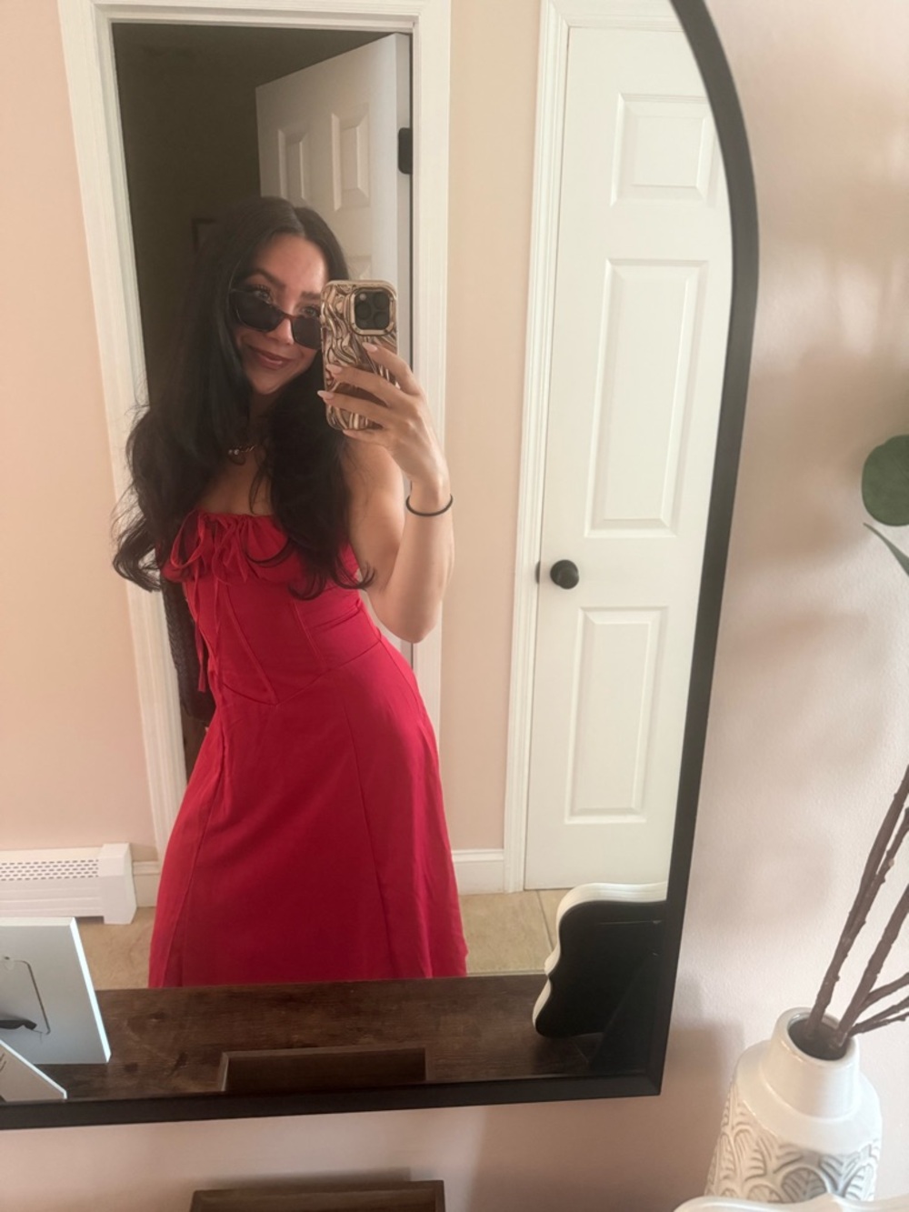 Amazon Red Spaghetti-Strap Tie-Front Midi Dress